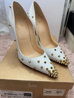 Christian Louboutin White Leather Spike-Embellished Pointed Toe Pumps